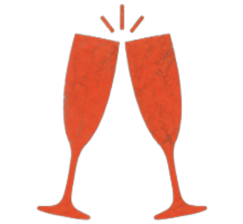 Two champagne glasses clinking in celebration with bubbles and sparkles.