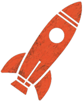 Stylized illustration of a rocket launching into space with flames and smoke.