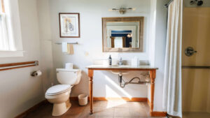 Clean bathroom with toilet, wooden vanity, mirror, and shower curtain.